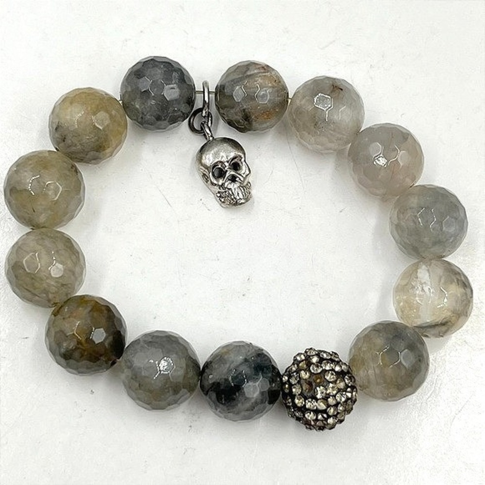 Vintage Gothic Skull Charm Stretch Bracelet Gray Agate Style‎ Beads Rhinestone